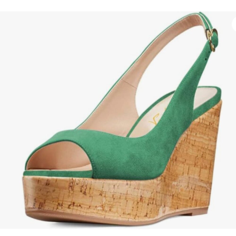 FOWT Green Peep Toe Slingback Platform Wedge High Heel Buckle Open Toe Sandals